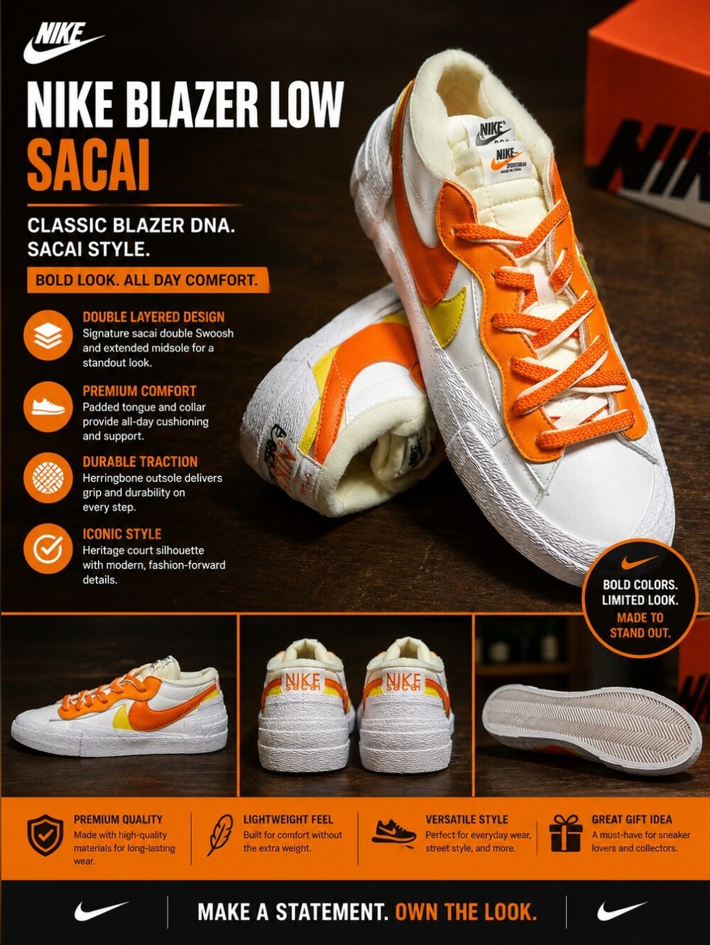 Nike Blazer Low Sacai - White, Orange & Yellow